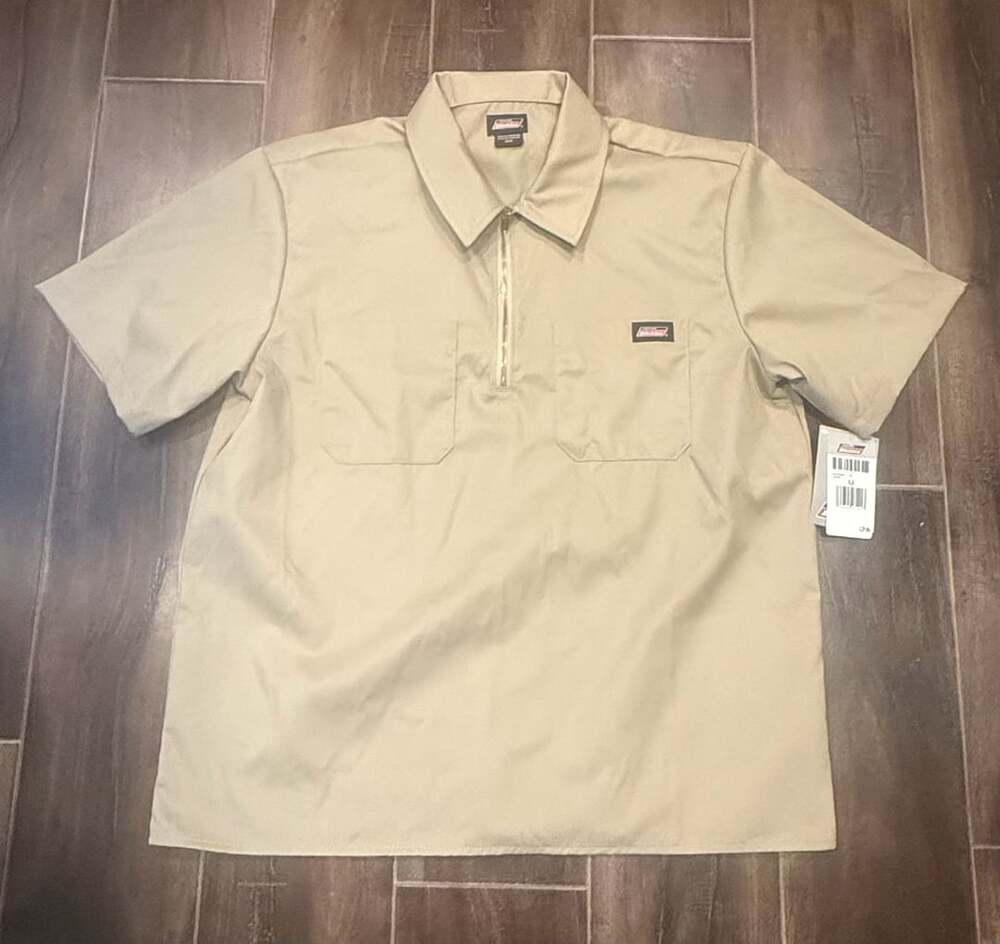 Genuine Dickies Men's 1/4 Zip Short Sleeve Workwear Shirt Khaki Size Medium